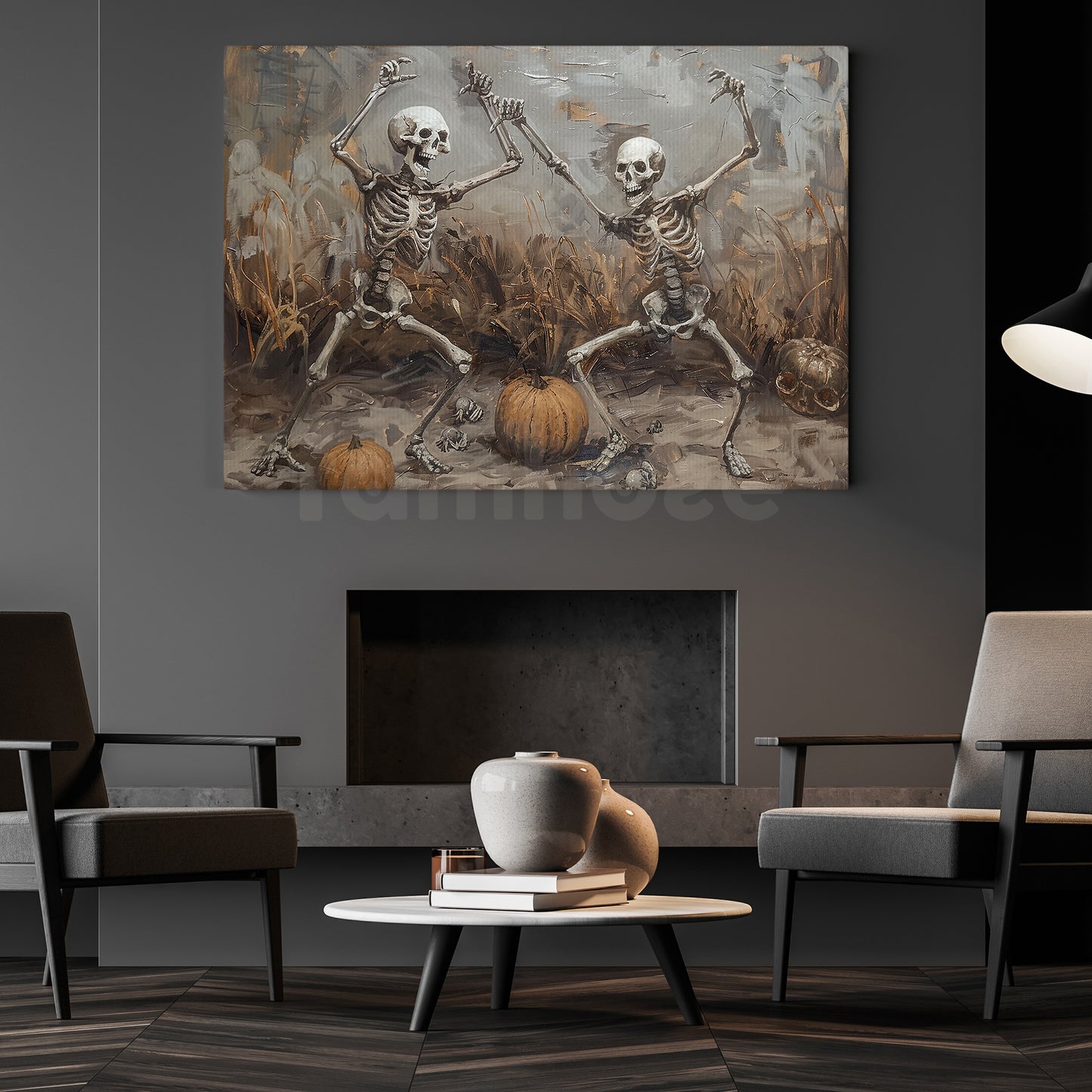 Skeletons' Dance in the Pumpkin Patch, Skeleton Canvas Painting, Spooky Season Wall Art Decor, Halloween Poster Gift For Skeleton Lovers