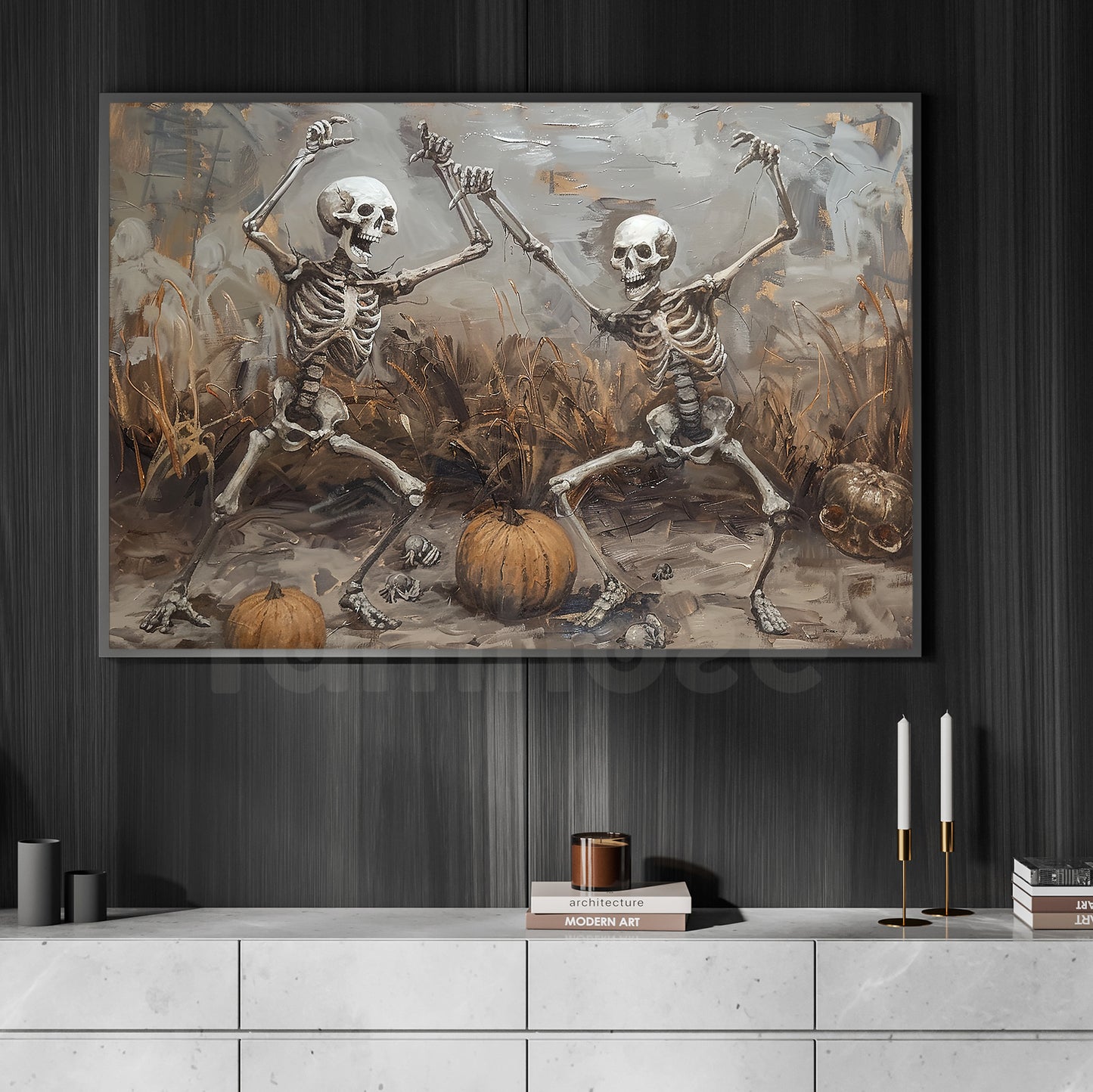 Skeletons' Dance in the Pumpkin Patch, Skeleton Canvas Painting, Spooky Season Wall Art Decor, Halloween Poster Gift For Skeleton Lovers