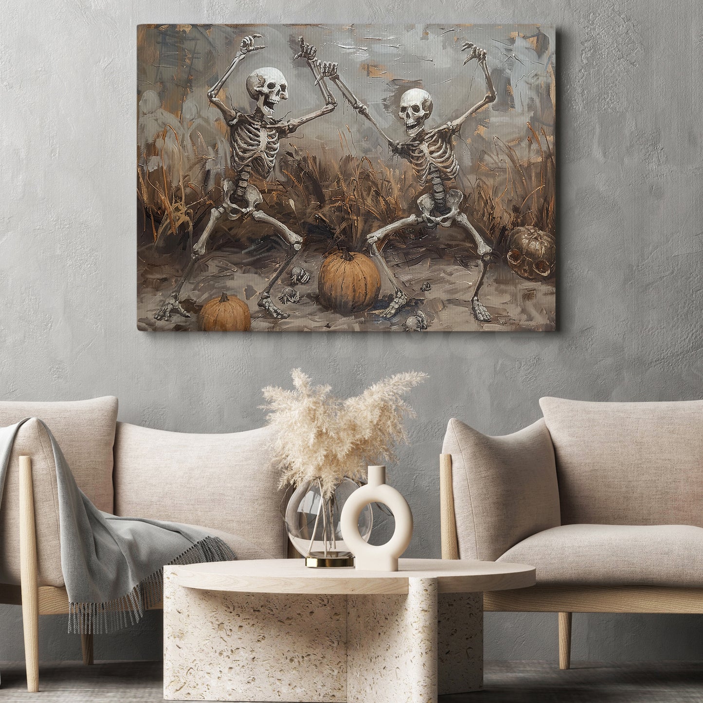 Skeletons' Dance in the Pumpkin Patch, Skeleton Canvas Painting, Spooky Season Wall Art Decor, Halloween Poster Gift For Skeleton Lovers