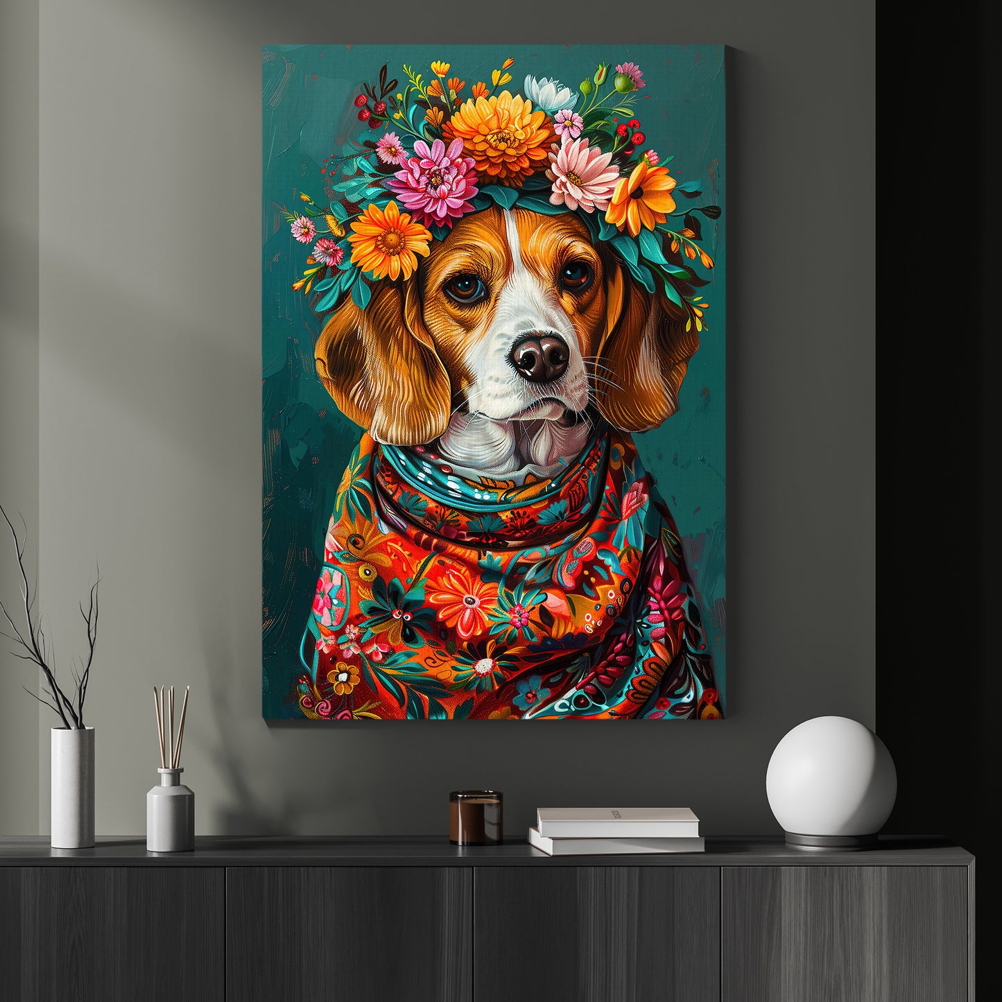 A Beagle's Blossom Portrait, Floral Victorian Beagle Canvas Painting, Victorian Animal Wall Art Decor, Poster Gift For Dog Lovers