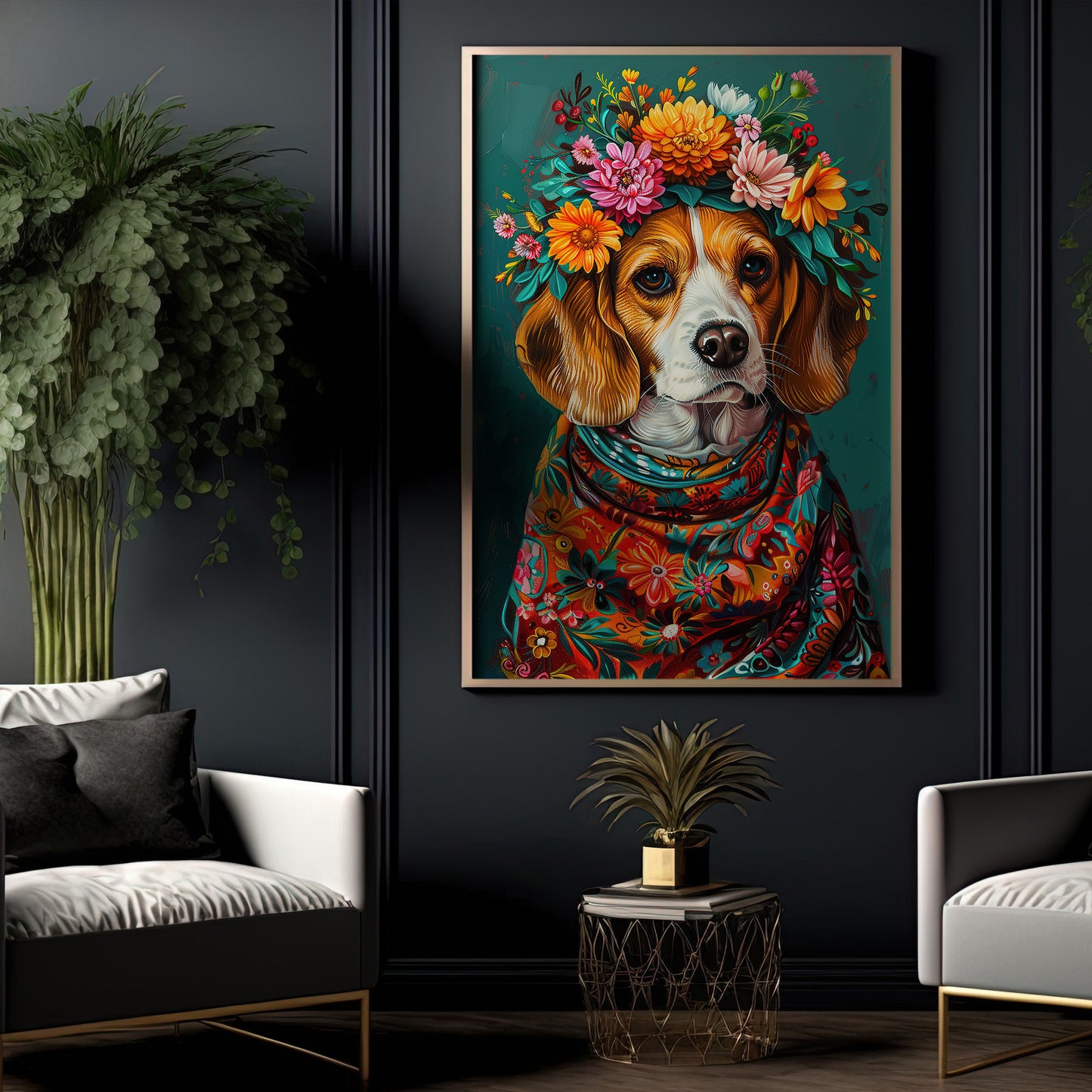 A Beagle's Blossom Portrait, Floral Victorian Beagle Canvas Painting, Victorian Animal Wall Art Decor, Poster Gift For Dog Lovers