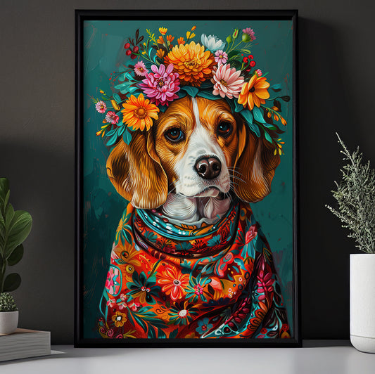 A Beagle's Blossom Portrait, Floral Victorian Beagle Canvas Painting, Victorian Animal Wall Art Decor, Poster Gift For Dog Lovers