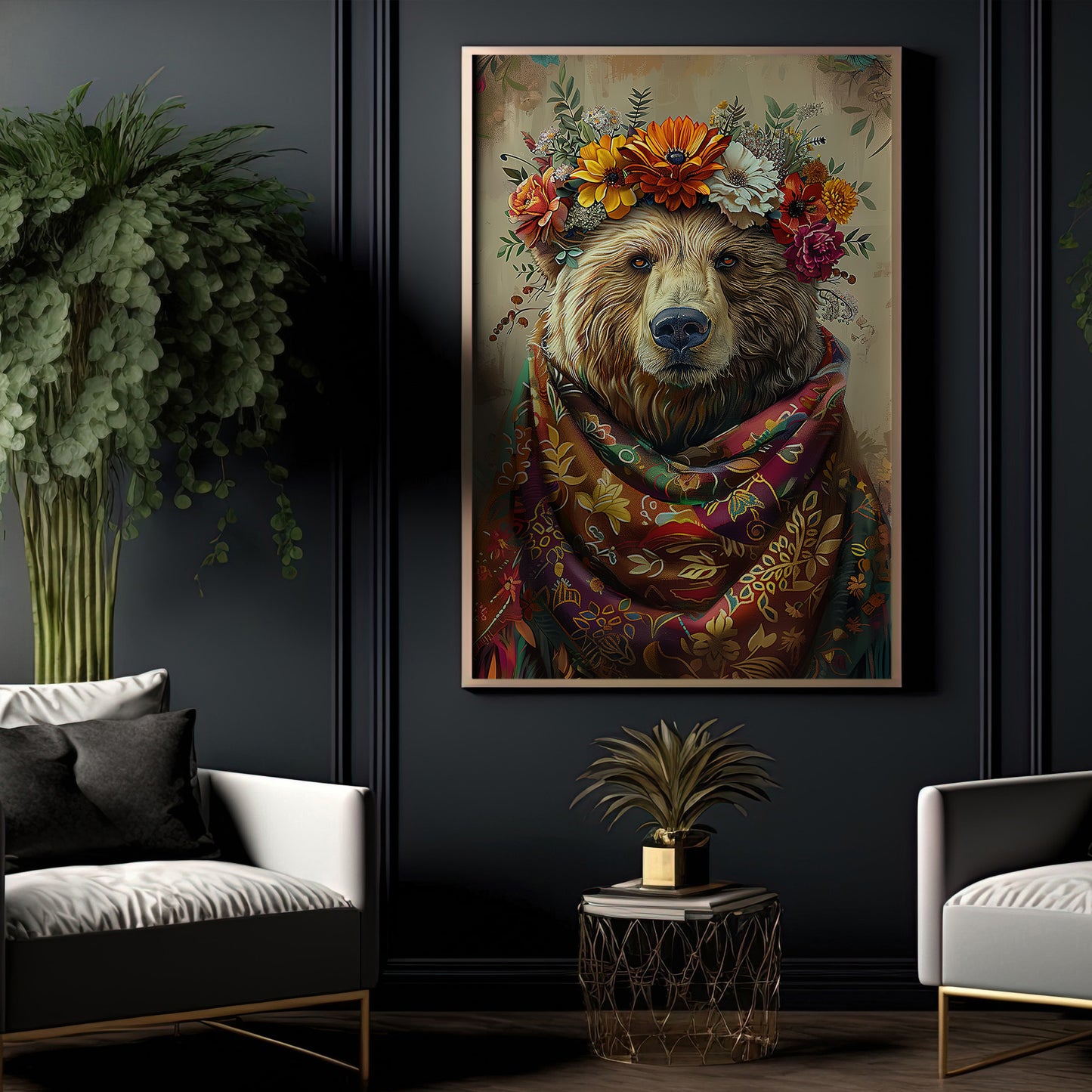 A Bear's Blossom Portrait, Floral Victorian Bear Canvas Painting, Victorian Animal Wall Art Decor, Poster Gift For Bear Lovers