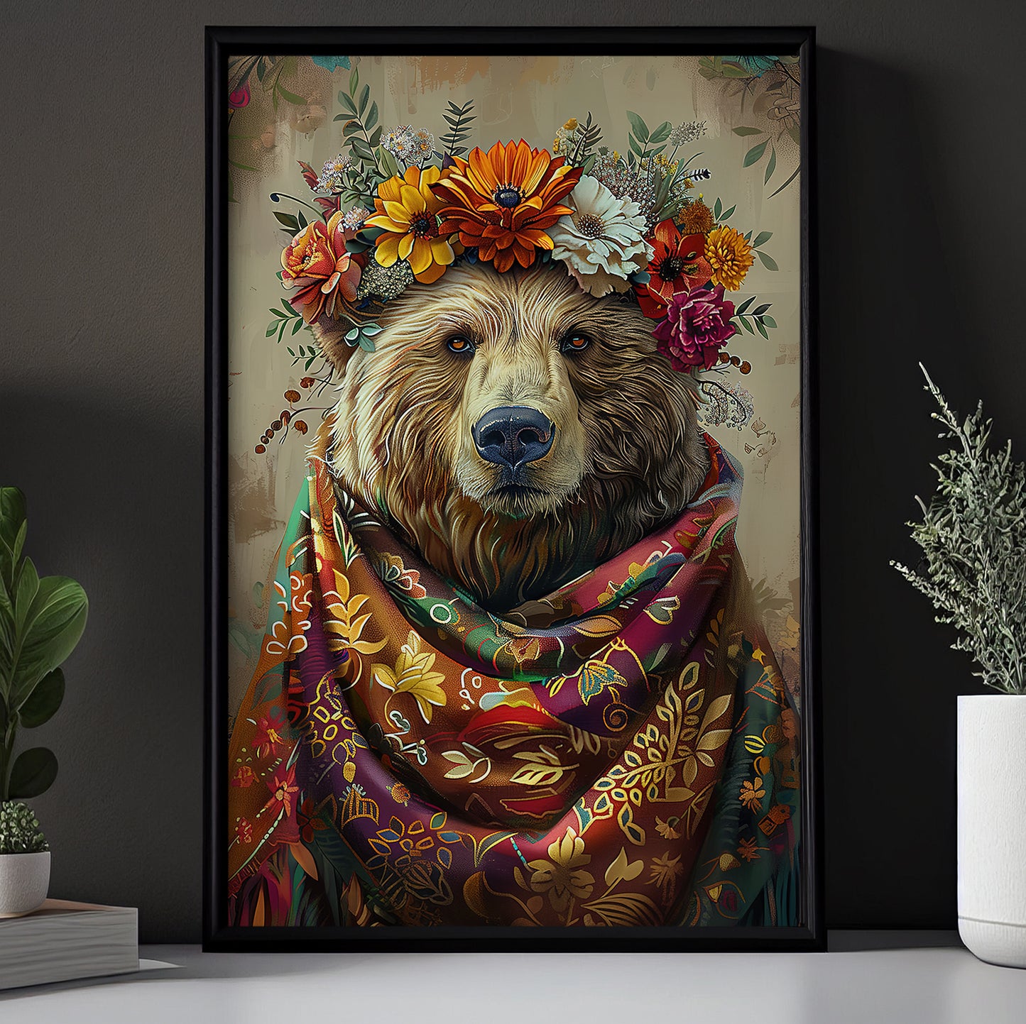 A Bear's Blossom Portrait, Floral Victorian Bear Canvas Painting, Victorian Animal Wall Art Decor, Poster Gift For Bear Lovers