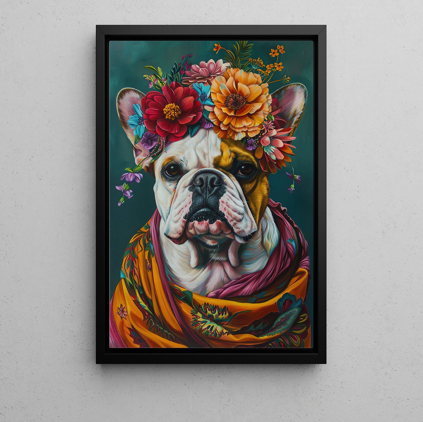 A Bulldog's Blossom Portrait, Floral Victorian Bulldog Canvas Painting, Victorian Animal Wall Art Decor, Poster Gift For Bulldog Lovers