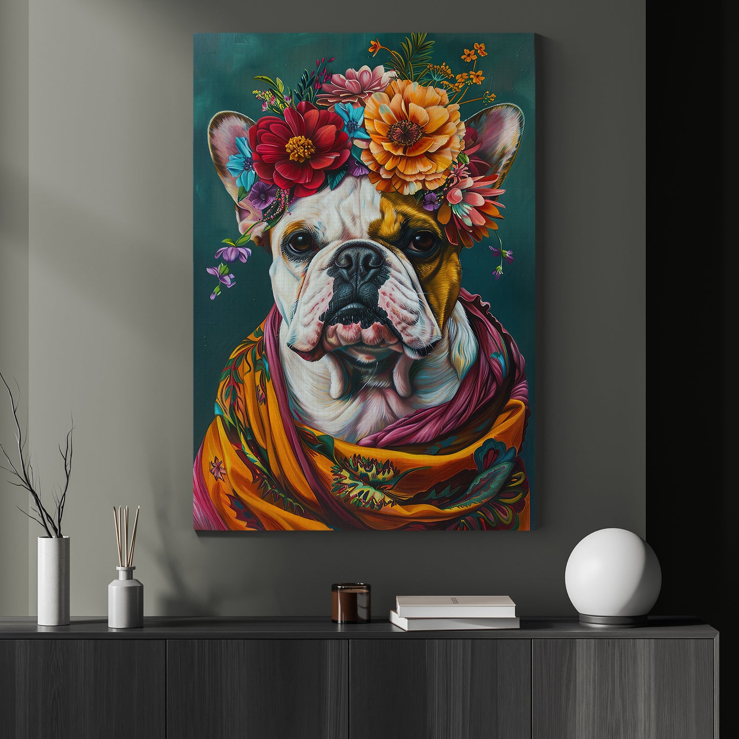 A Bulldog's Blossom Portrait, Floral Victorian Bulldog Canvas Painting, Victorian Animal Wall Art Decor, Poster Gift For Bulldog Lovers