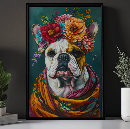 A Bulldog's Blossom Portrait, Floral Victorian Bulldog Canvas Painting, Victorian Animal Wall Art Decor, Poster Gift For Bulldog Lovers