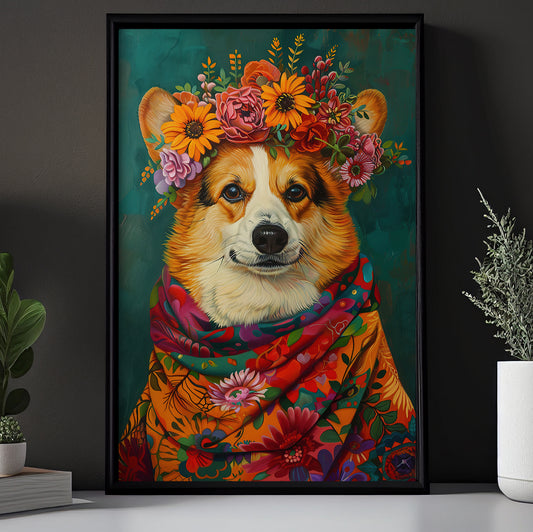 A Corgi's Blossom Portrait, Floral Victorian Corgi Canvas Painting, Victorian Animal Wall Art Decor, Poster Gift For Corgi Lovers