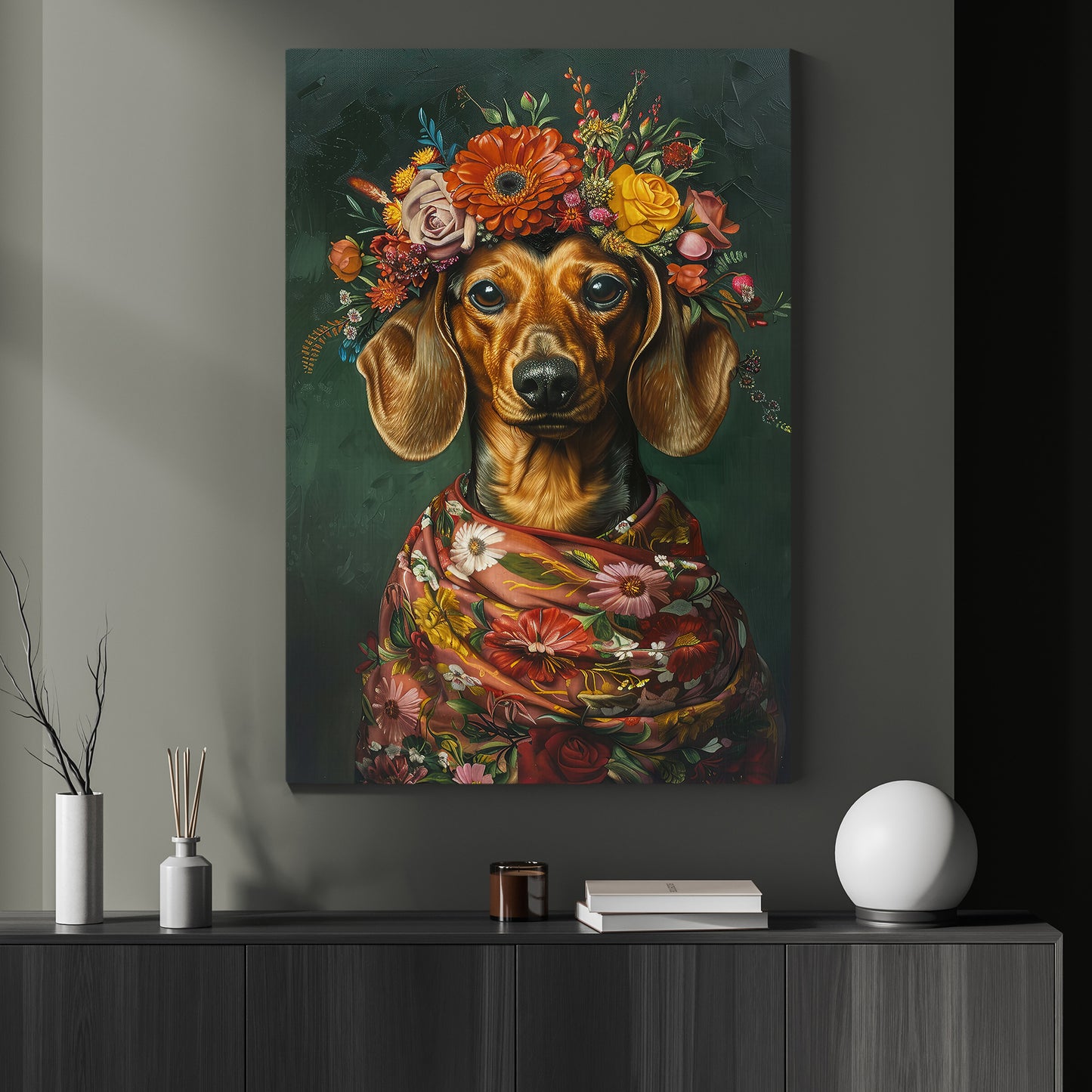 A Dachshund's Blossom Portrait, Floral Victorian Dachshund Canvas Painting, Victorian Animal Wall Art Decor, Poster Gift For Dachshund Dog Lovers