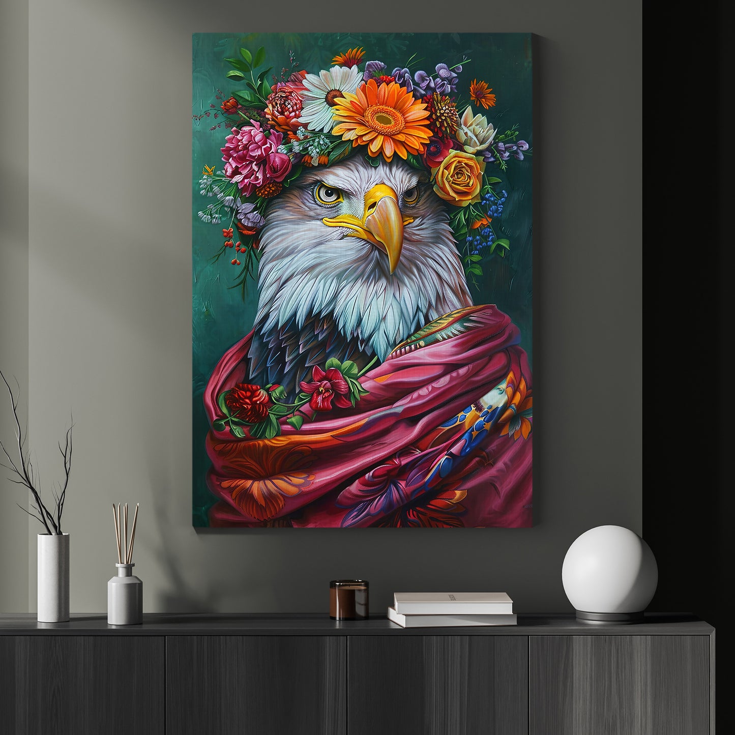 A Eagle's Blossom Portrait, Floral Victorian Eagle Canvas Painting, Victorian Animal Wall Art Decor, Poster Gift For Eagle Lovers