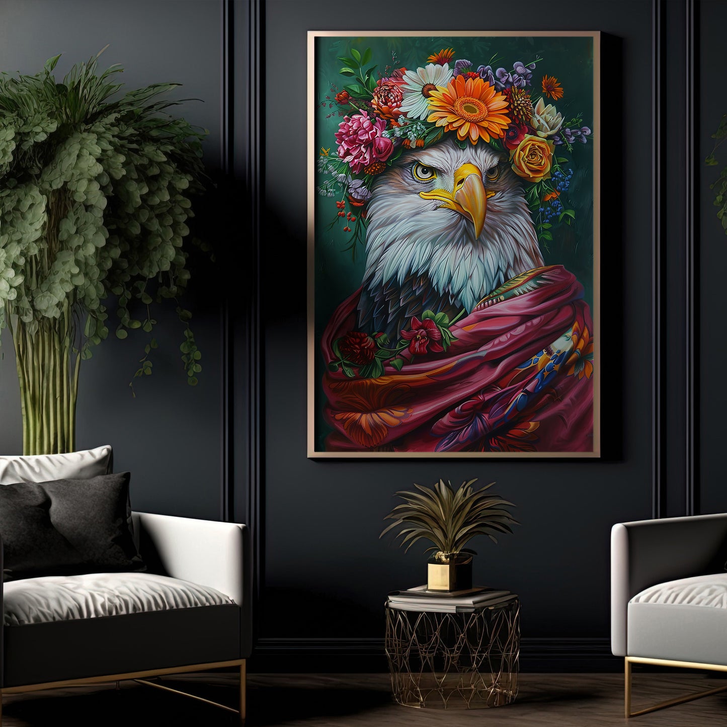 A Eagle's Blossom Portrait, Floral Victorian Eagle Canvas Painting, Victorian Animal Wall Art Decor, Poster Gift For Eagle Lovers