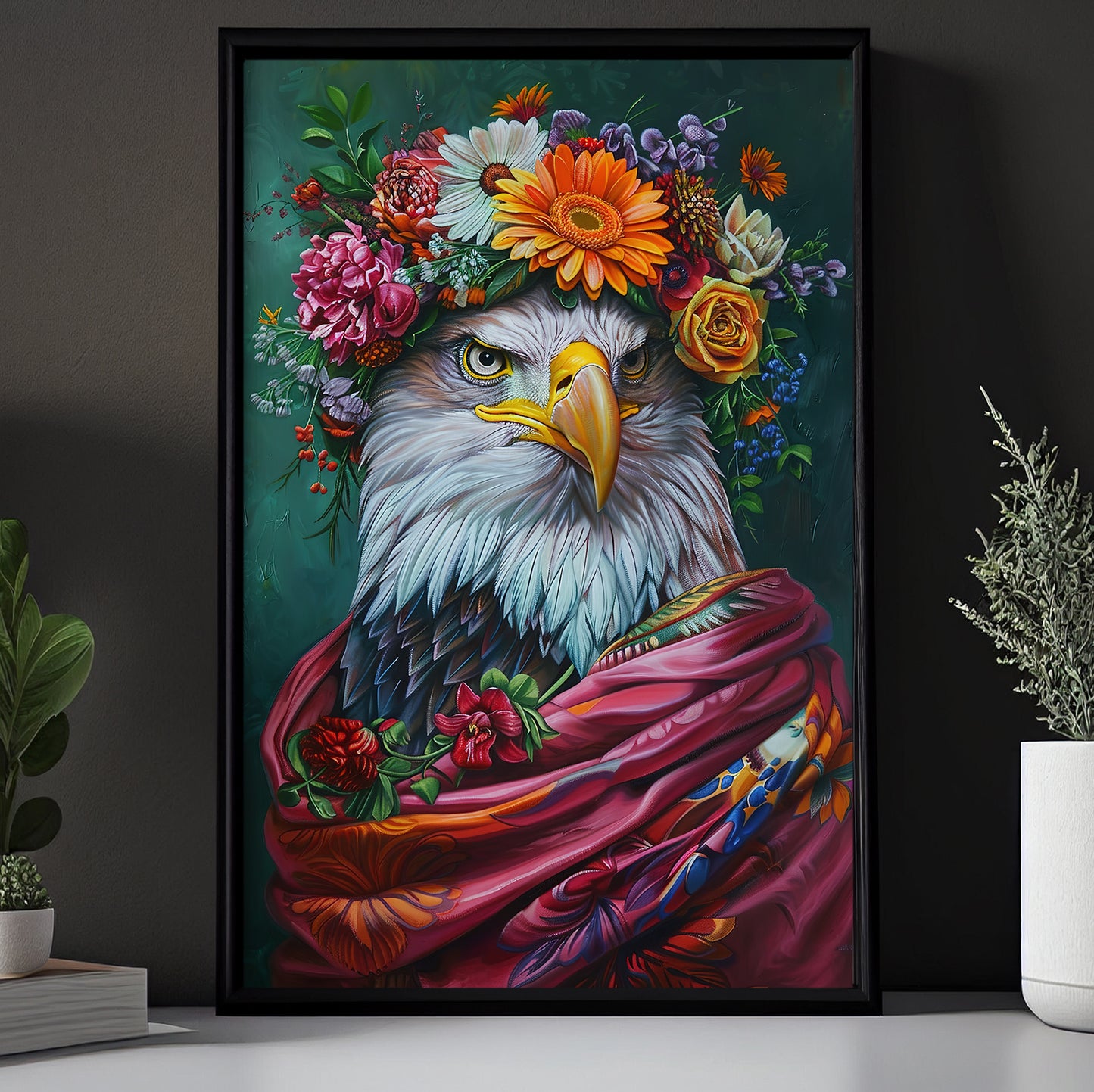 A Eagle's Blossom Portrait, Floral Victorian Eagle Canvas Painting, Victorian Animal Wall Art Decor, Poster Gift For Eagle Lovers