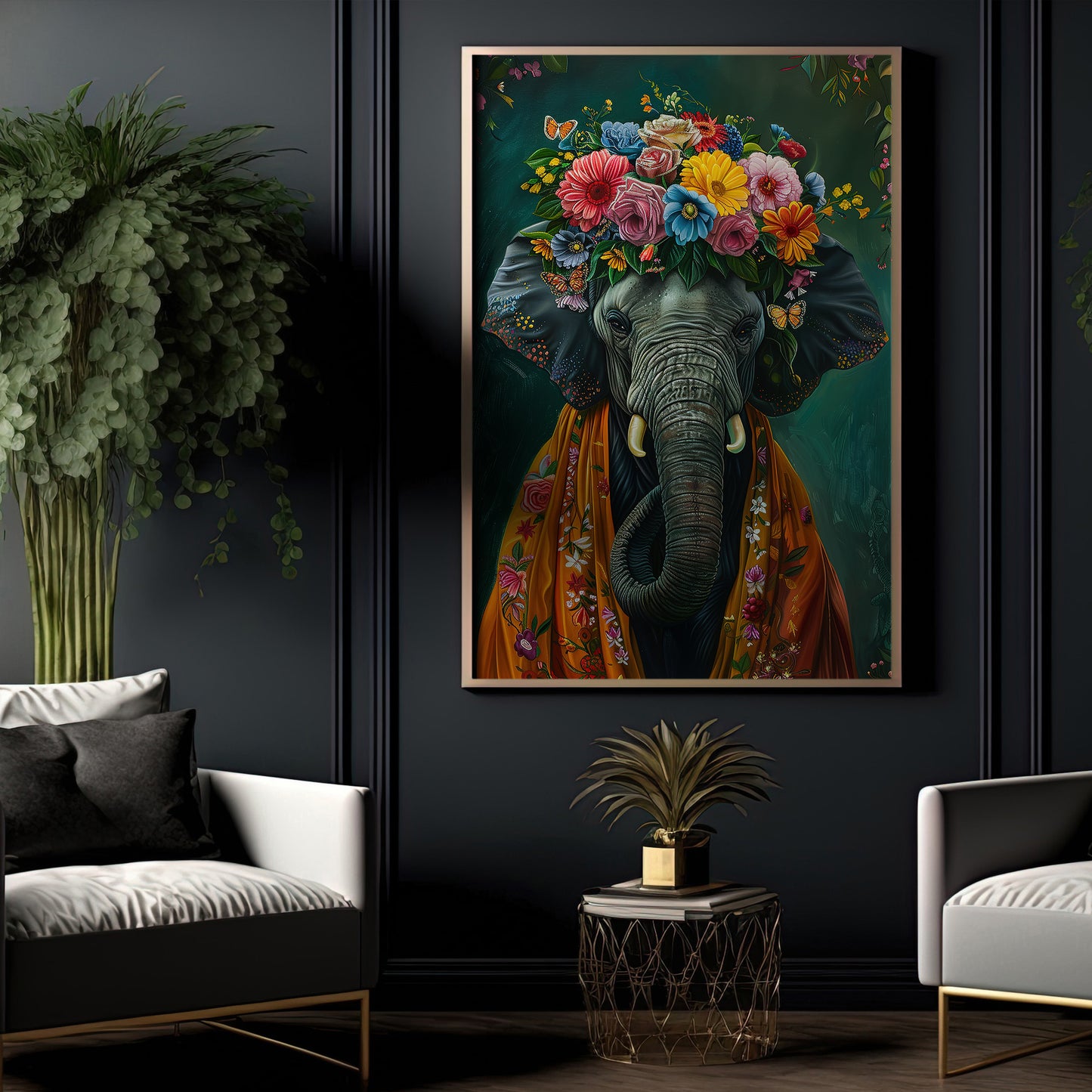 A Elephant's Blossom Portrait, Floral Victorian Elephant Canvas Painting, Victorian Animal Wall Art Decor, Poster Gift For Elephant Lovers