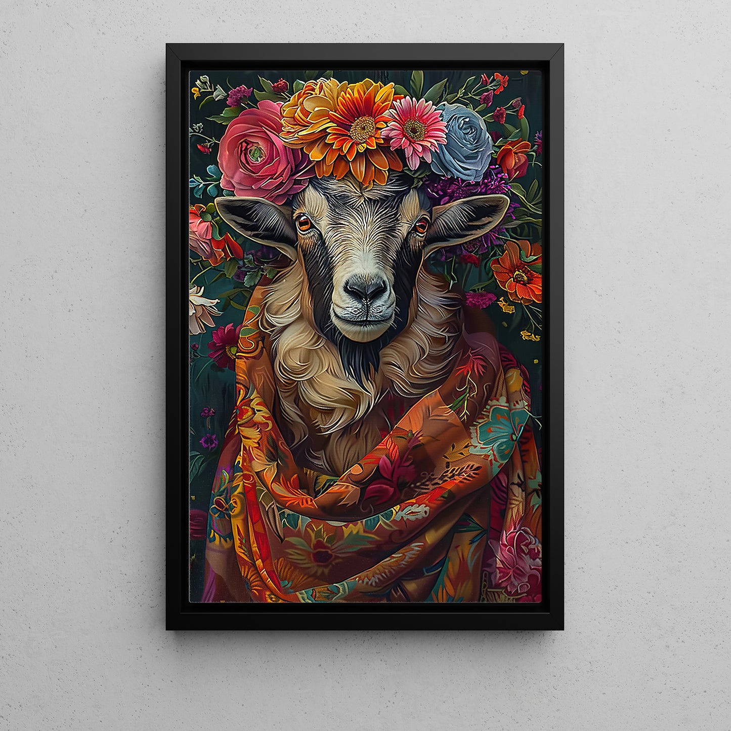 A Goat's Blossom Portrait, Floral Victorian Goat Canvas Painting, Victorian Animal Wall Art Decor, Poster Gift For Goat Lovers