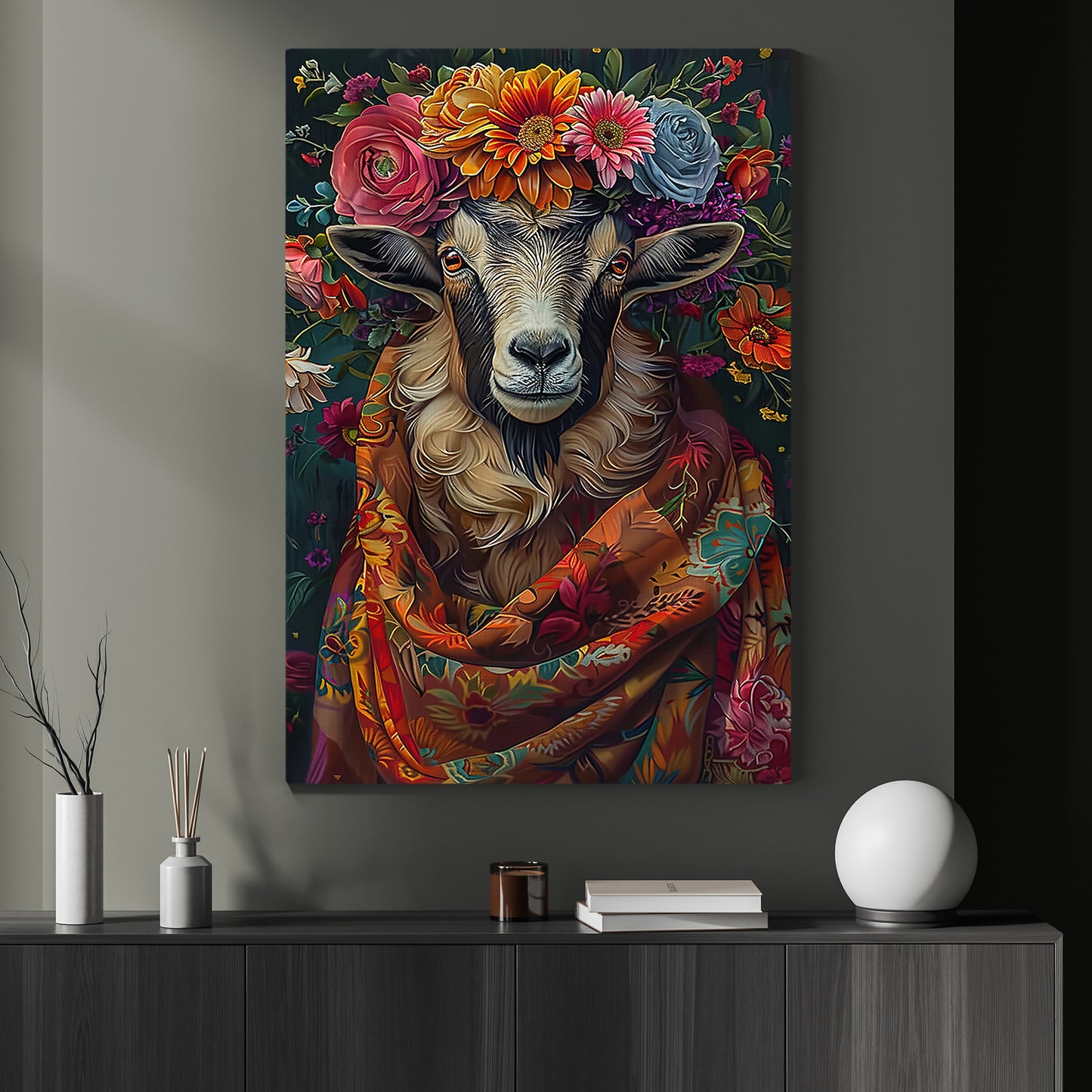 A Goat's Blossom Portrait, Floral Victorian Goat Canvas Painting, Victorian Animal Wall Art Decor, Poster Gift For Goat Lovers