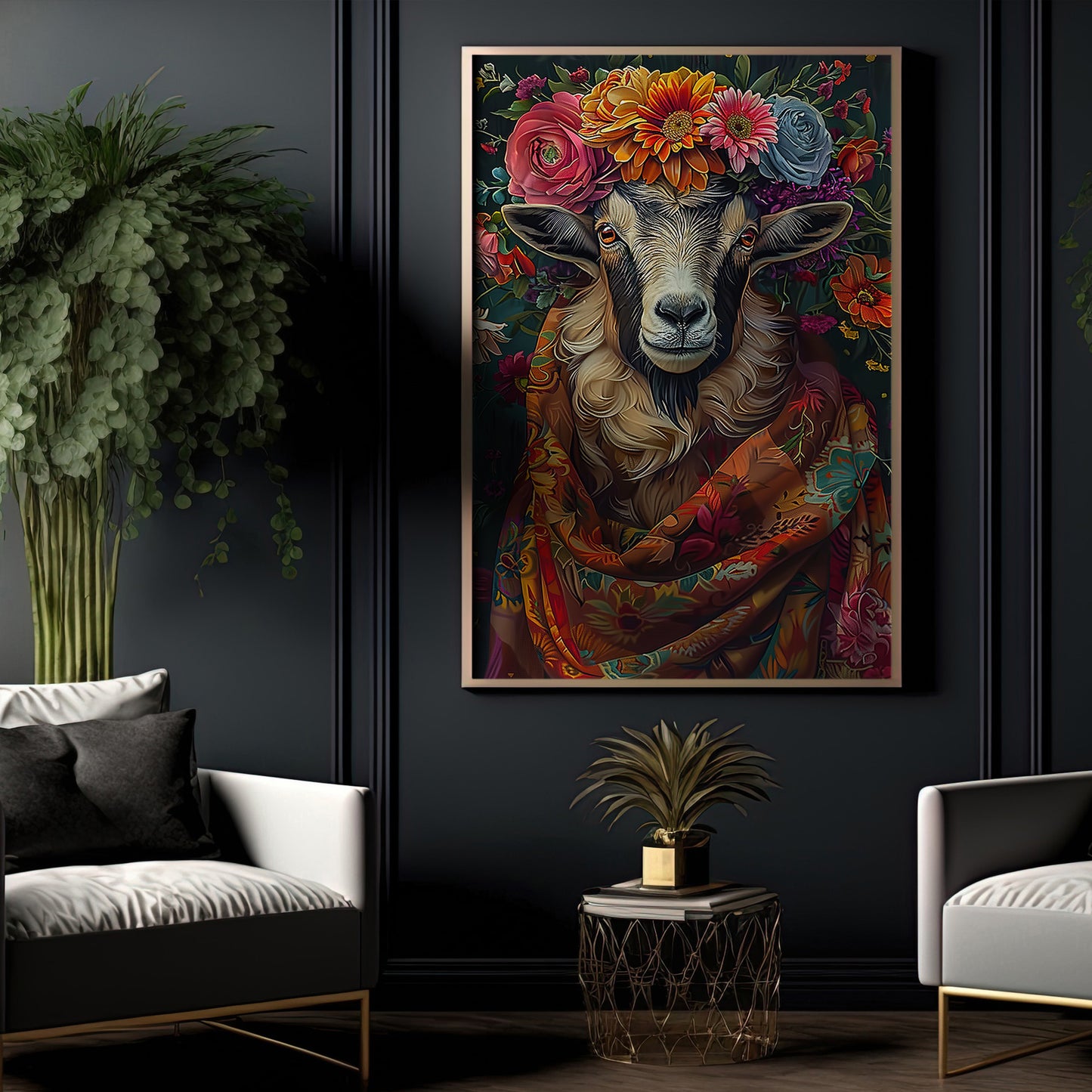 A Goat's Blossom Portrait, Floral Victorian Goat Canvas Painting, Victorian Animal Wall Art Decor, Poster Gift For Goat Lovers