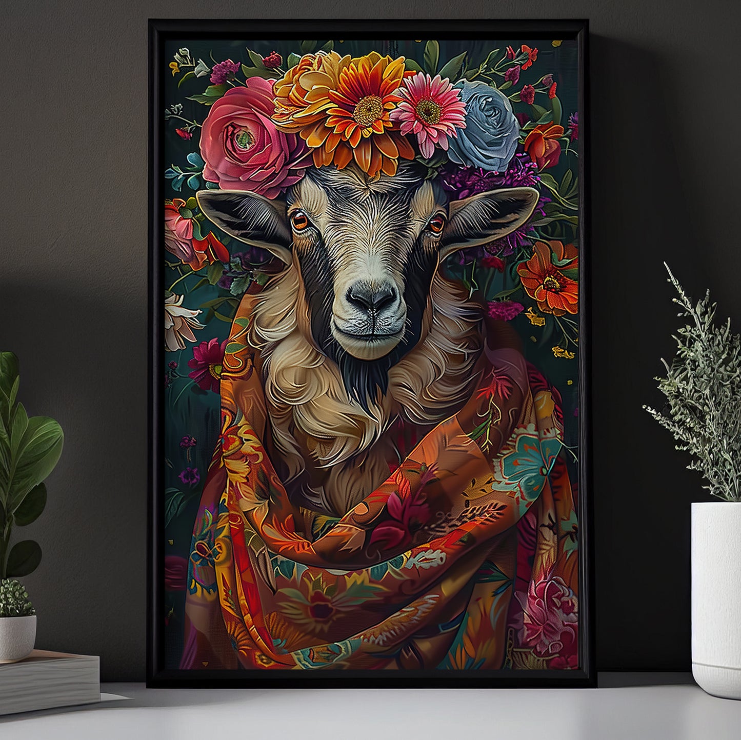 A Goat's Blossom Portrait, Floral Victorian Goat Canvas Painting, Victorian Animal Wall Art Decor, Poster Gift For Goat Lovers