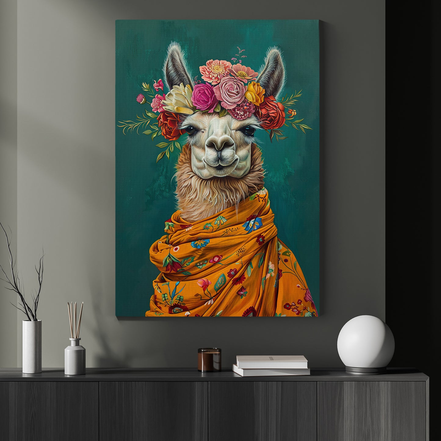 A Llama's Blossom Portrait, Floral Victorian Llama Canvas Painting, Victorian Animal Wall Art Decor, Poster Gift For Llama Lovers