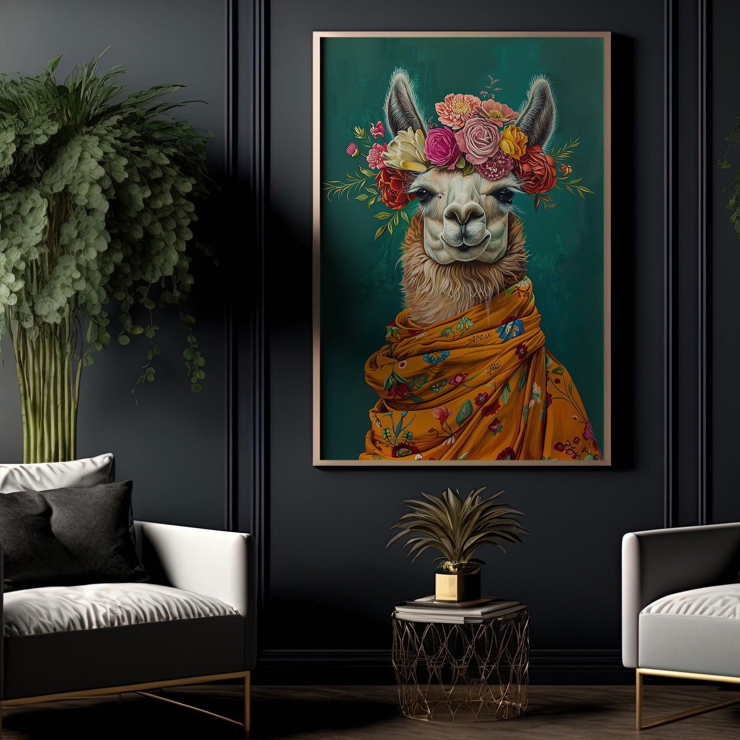 A Llama's Blossom Portrait, Floral Victorian Llama Canvas Painting, Victorian Animal Wall Art Decor, Poster Gift For Llama Lovers