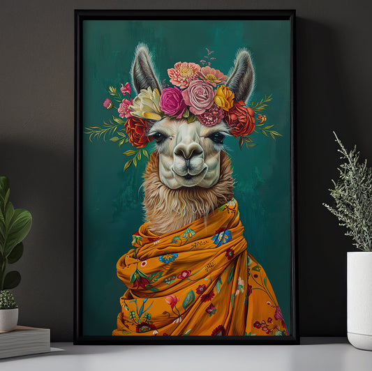 A Llama's Blossom Portrait, Floral Victorian Llama Canvas Painting, Victorian Animal Wall Art Decor, Poster Gift For Llama Lovers