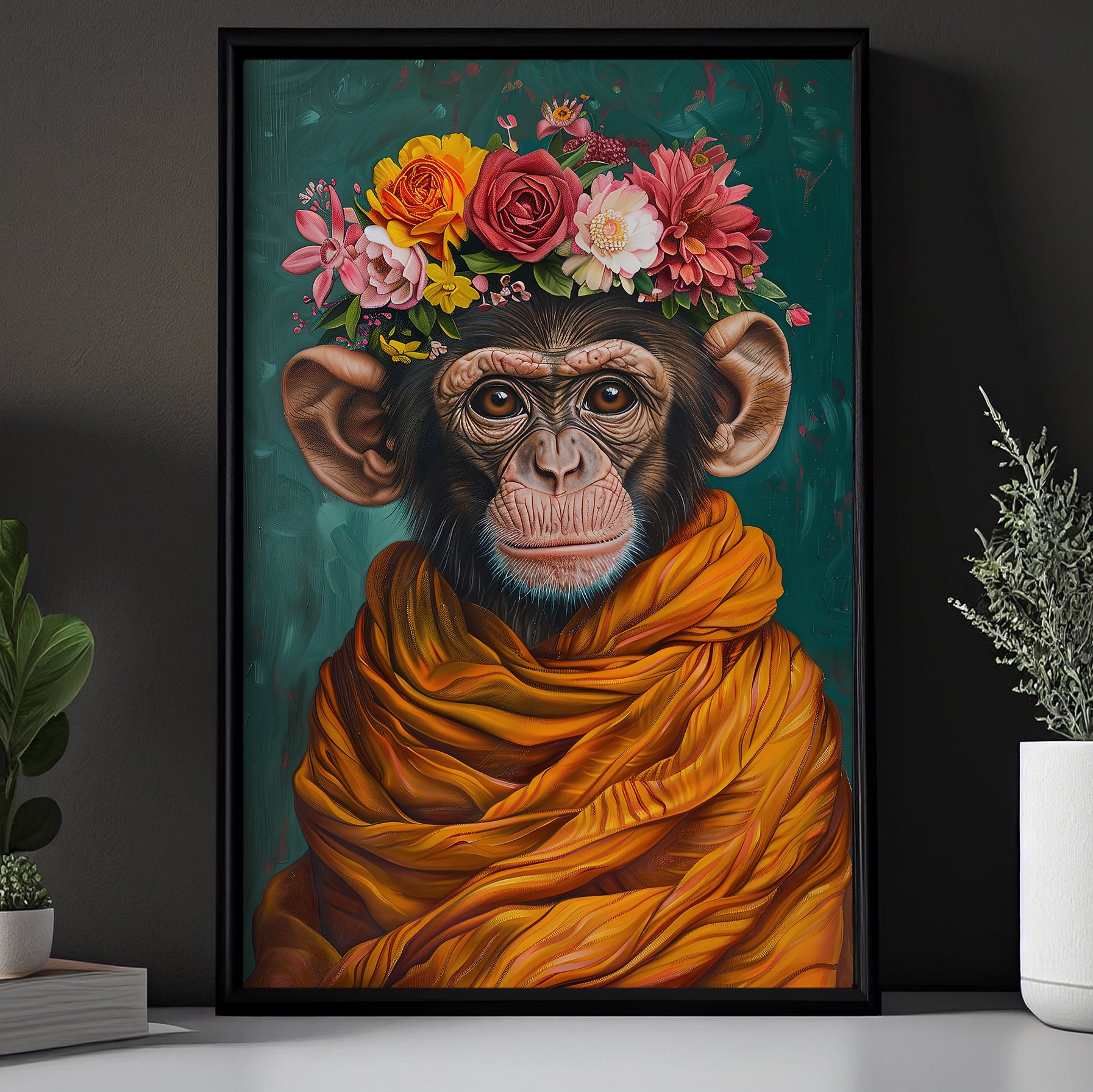 A Monkey's Blossom Portrait, Floral Victorian Monkey Canvas