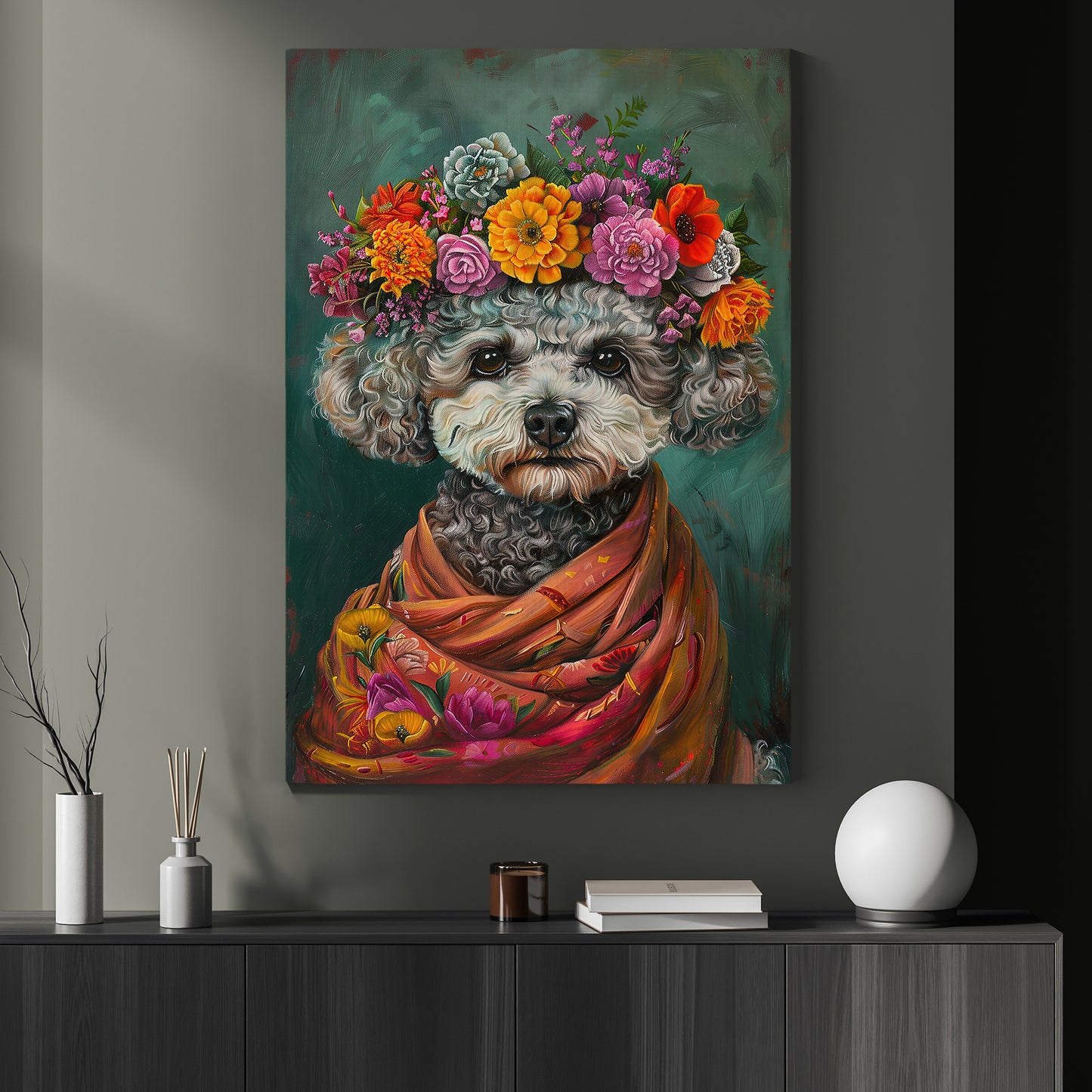 A Poodle's Blossom Portrait, Floral Victorian Poodle Canvas Painting, Victorian Animal Wall Art Decor, Poster Gift For Poodle Lovers