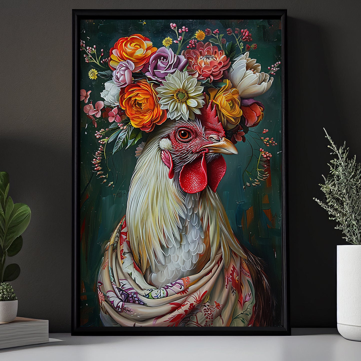 A Chicken's Blossom Portrait, Floral Victorian Chicken Canvas Painting, Victorian Animal Wall Art Decor, Poster Gift For Chicken Lovers