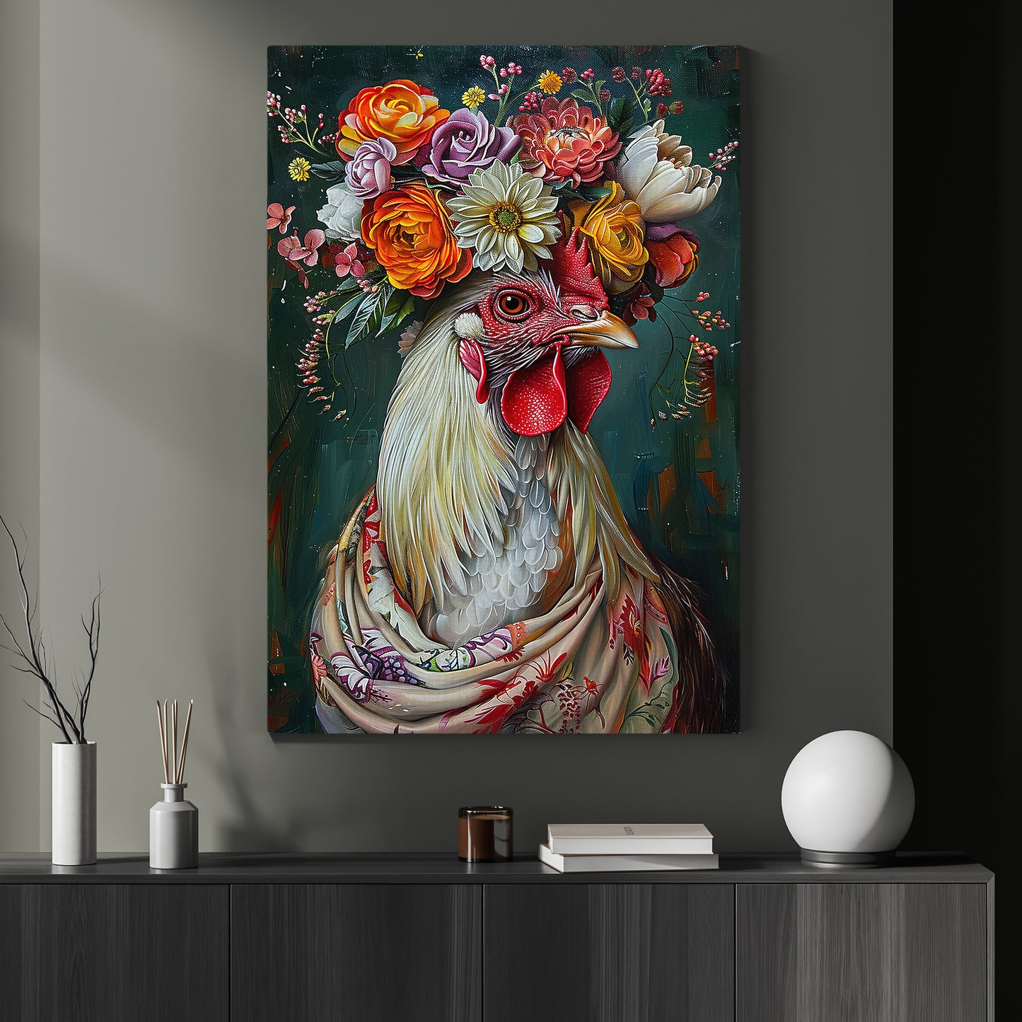 A Chicken's Blossom Portrait, Floral Victorian Chicken Canvas Painting, Victorian Animal Wall Art Decor, Poster Gift For Chicken Lovers