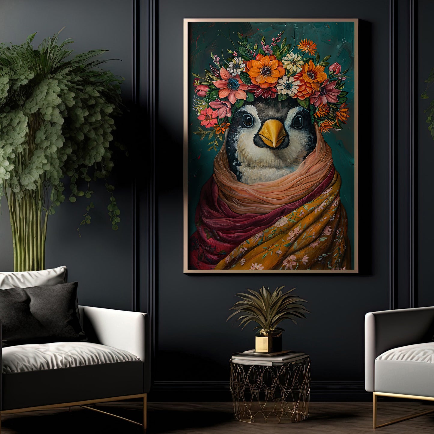 A Penguin's Blossom Portrait, Floral Victorian Penguin Canvas Painting, Victorian Animal Wall Art Decor, Poster Gift For Penguin Lovers