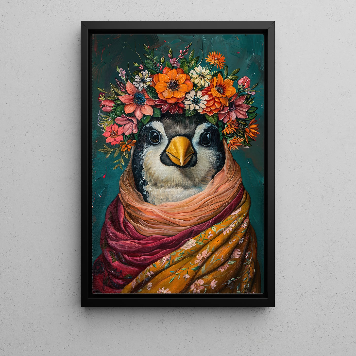 A Penguin's Blossom Portrait, Floral Victorian Penguin Canvas Painting, Victorian Animal Wall Art Decor, Poster Gift For Penguin Lovers