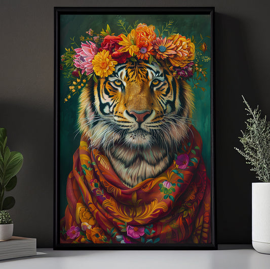 A Tiger's Blossom Portrait, Floral Victorian Tiger Canvas Painting, Victorian Animal Wall Art Decor, Poster Gift For Tiger Lovers