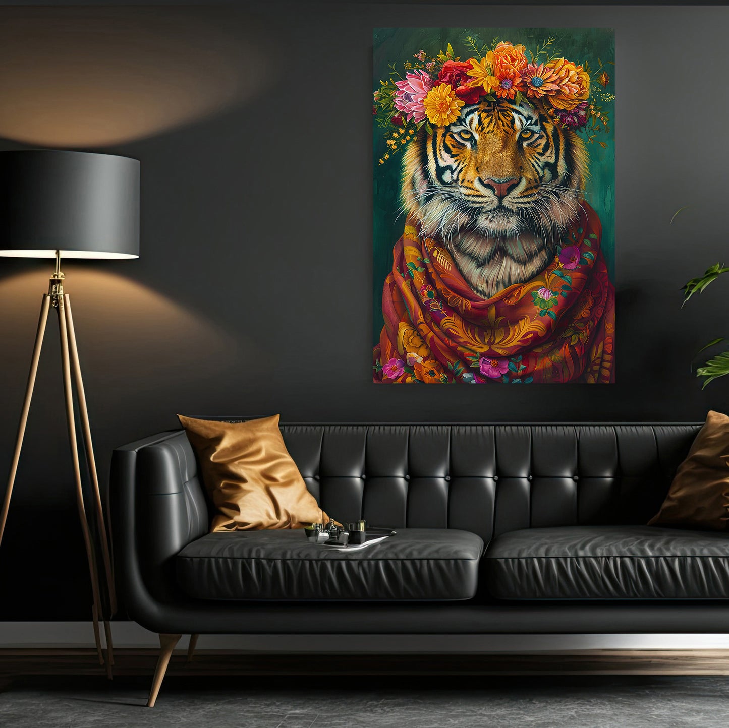 A Tiger's Blossom Portrait, Floral Victorian Tiger Canvas Painting, Victorian Animal Wall Art Decor, Poster Gift For Tiger Lovers