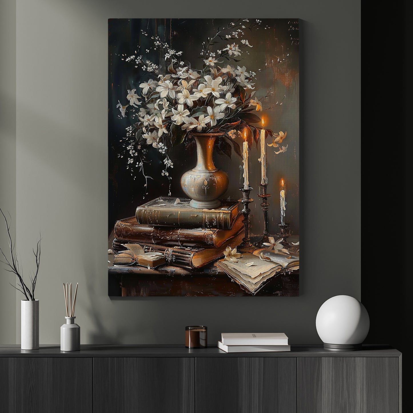 Candlelit Reverie, Vinatge Canvas Painting, Modern Wall Art Decor, Poster Gift For Flowers Lovers