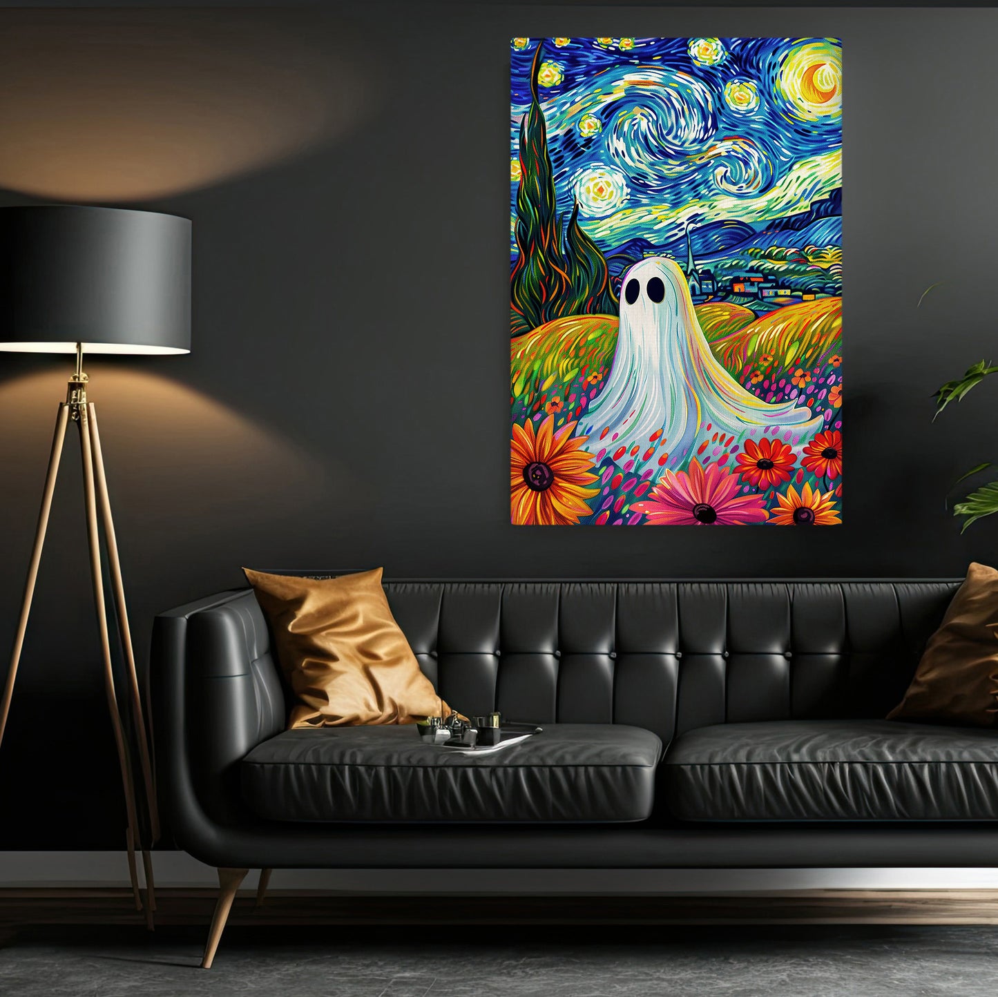 A Haunting In The Starry Blossoms, Van Gogh Canvas Painting, Spooky Season Wall Art Decor, Halloween Poster Gift For Ghost Lovers