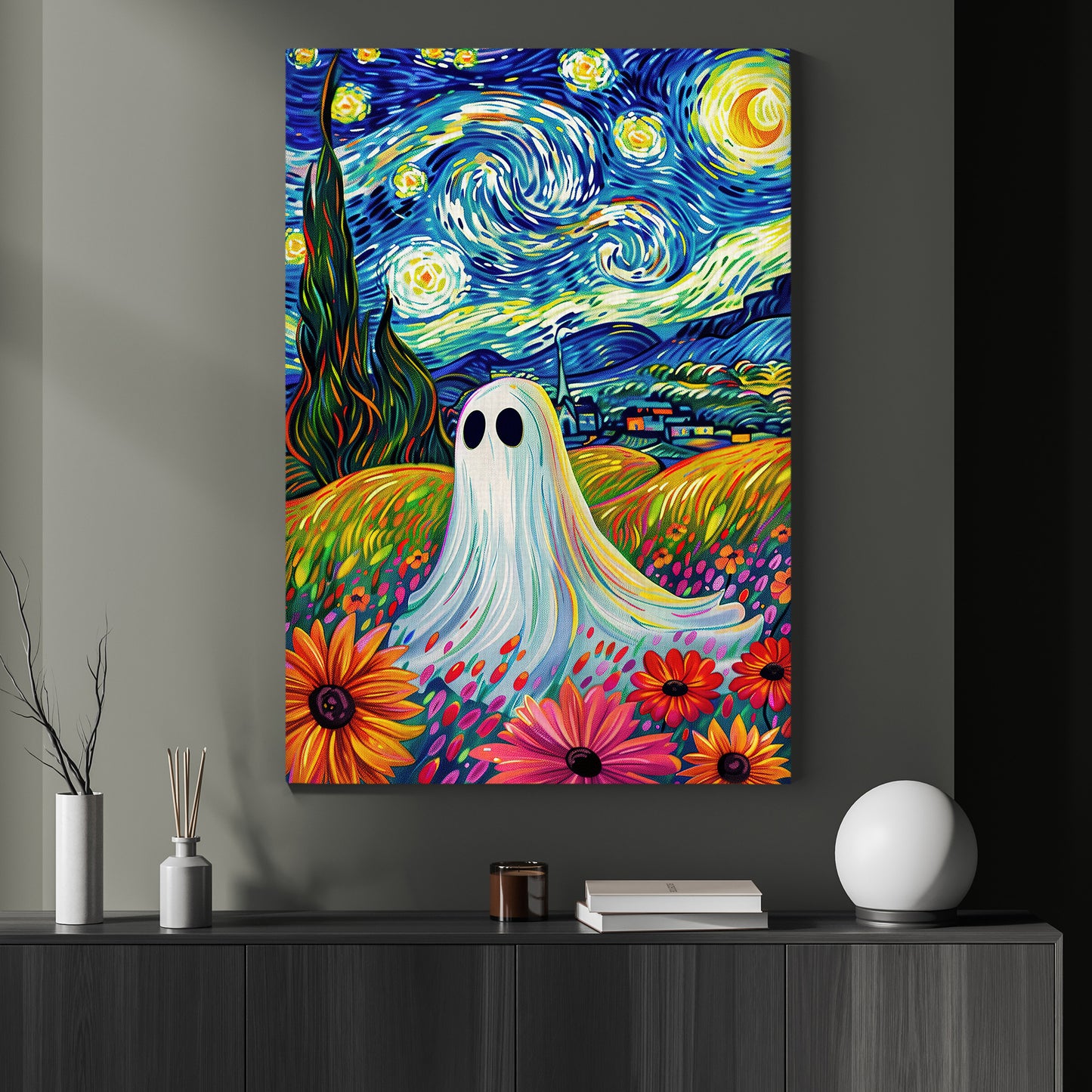 A Haunting In The Starry Blossoms, Van Gogh Canvas Painting, Spooky Season Wall Art Decor, Halloween Poster Gift For Ghost Lovers