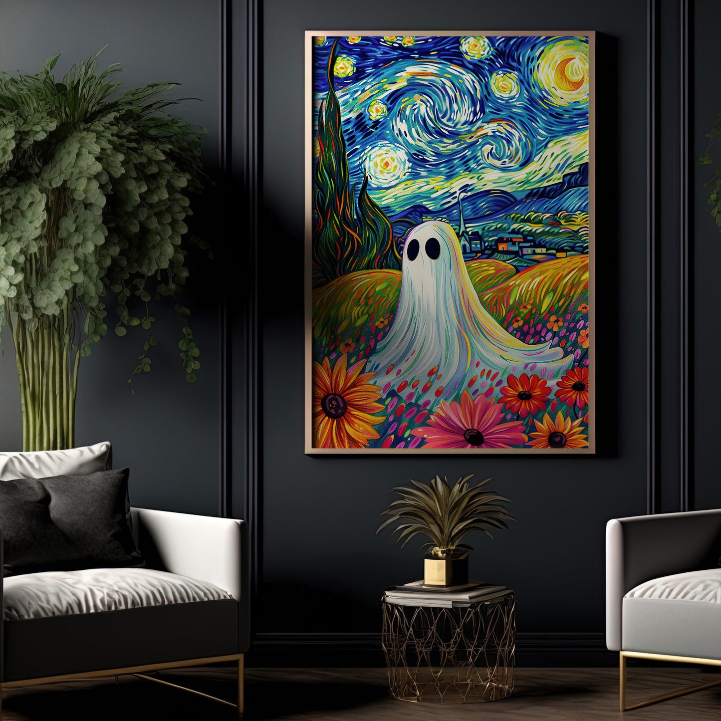 A Haunting In The Starry Blossoms, Van Gogh Canvas Painting, Spooky Season Wall Art Decor, Halloween Poster Gift For Ghost Lovers