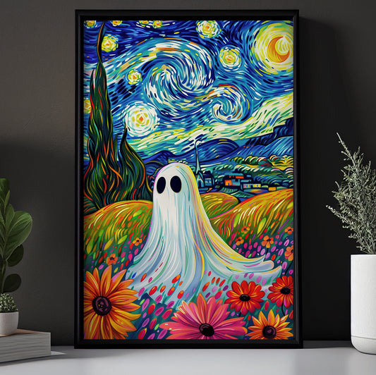 A Haunting In The Starry Blossoms, Van Gogh Canvas Painting, Spooky Season Wall Art Decor, Halloween Poster Gift For Ghost Lovers