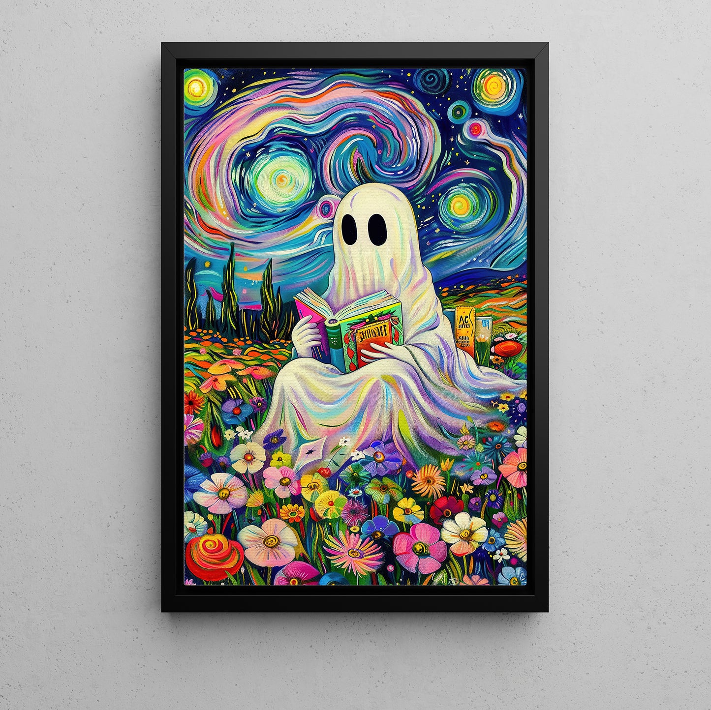 Ghostly Tales In A Starry Wonderland, Van Gogh Canvas Painting, Spooky Season Wall Art Decor, Halloween Poster Gift For Ghost Lovers