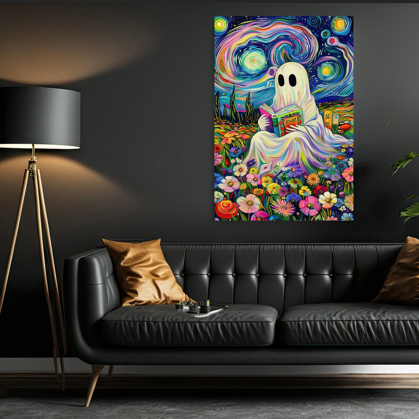 Ghostly Tales In A Starry Wonderland, Van Gogh Canvas Painting, Spooky Season Wall Art Decor, Halloween Poster Gift For Ghost Lovers