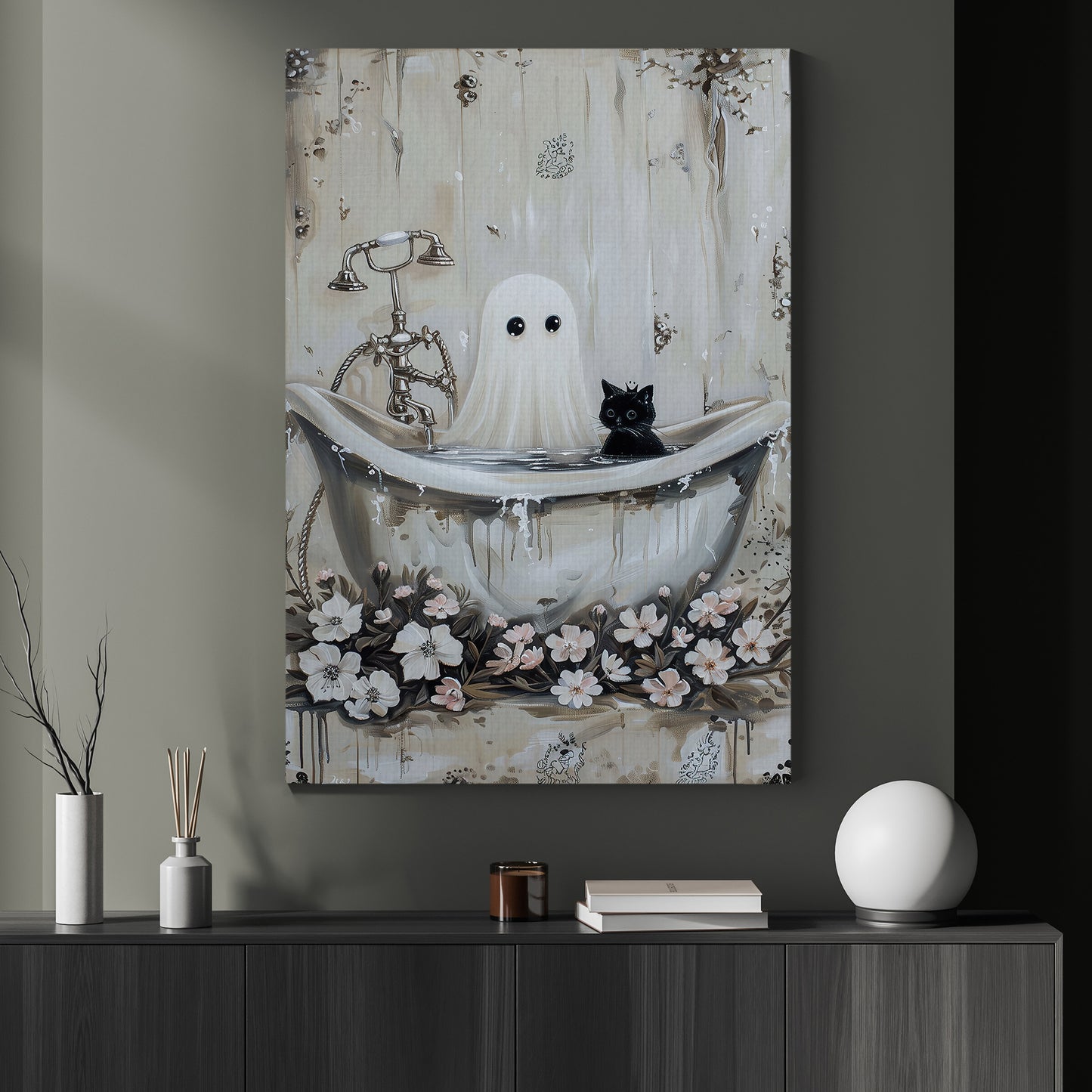 A Ghost and Cat Tale, Ghost Canvas Painting, Spooky Season Wall Art Decor, Halloween Poster Gift For Ghost Lovers