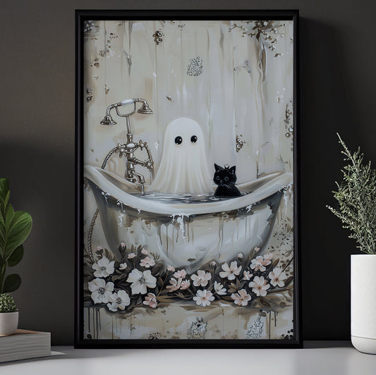 A Ghost and Cat Tale, Ghost Canvas Painting, Spooky Season Wall Art Decor, Halloween Poster Gift For Ghost Lovers