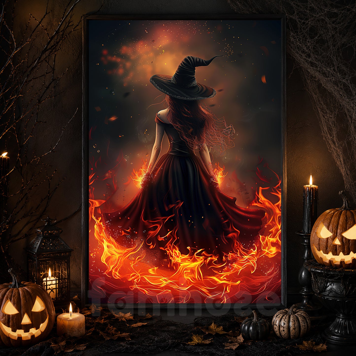 Inferno Enchantress, Witches Canvas Painting, Spooky Season Wall Art Decor, Halloween Poster Gift For Witch Lovers