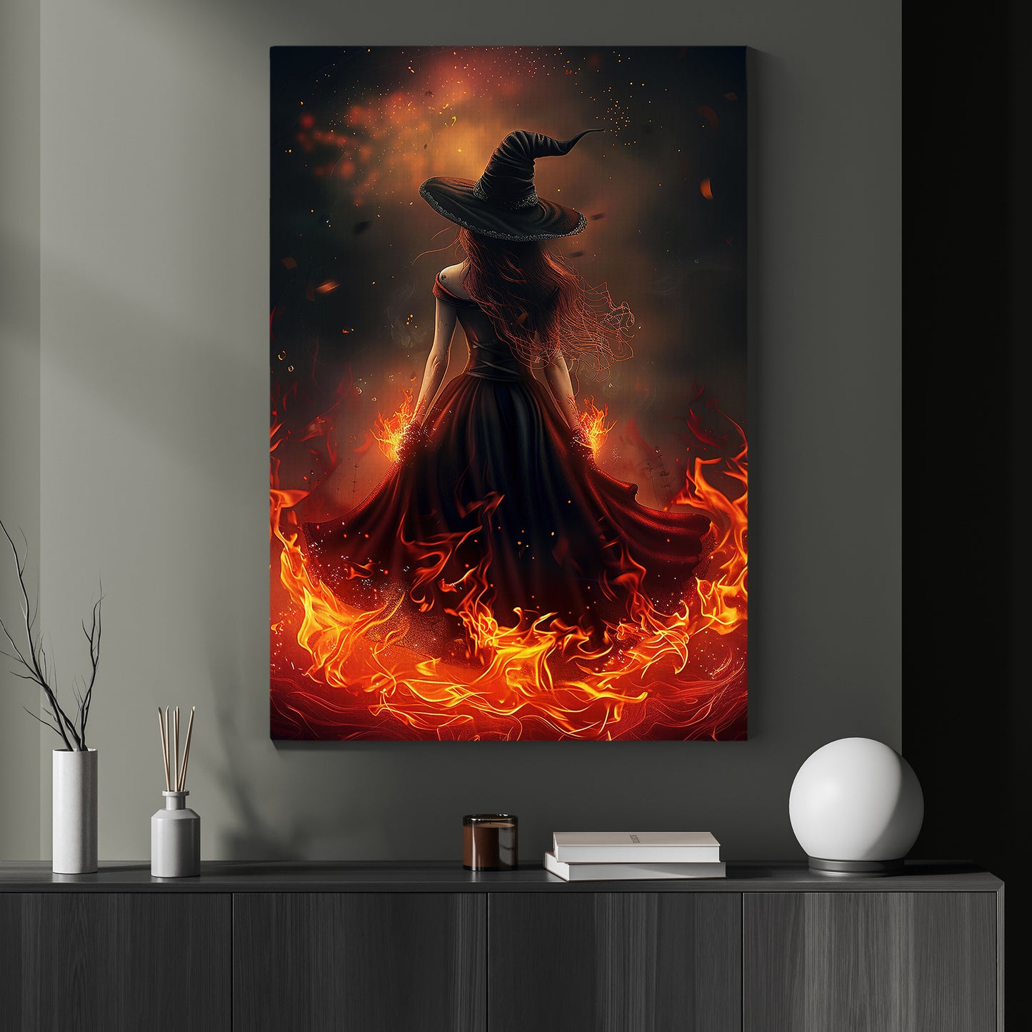 Inferno Enchantress, Witches Canvas Painting, Spooky Season Wall Art Decor, Halloween Poster Gift For Witch Lovers