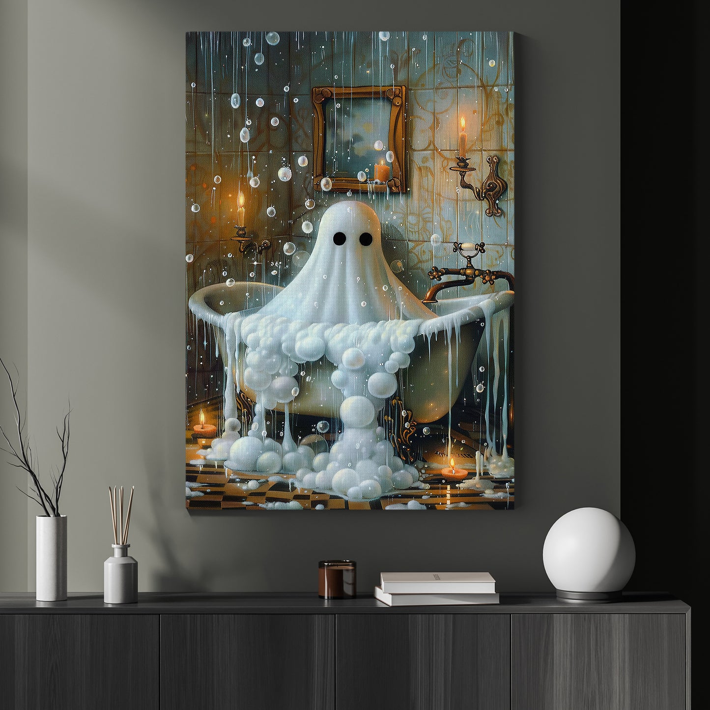 Ghostly Glow And Soapy Spectres, Ghost Canvas Painting, Spooky Season Wall Art Decor, Halloween Poster Gift For Ghost Lovers