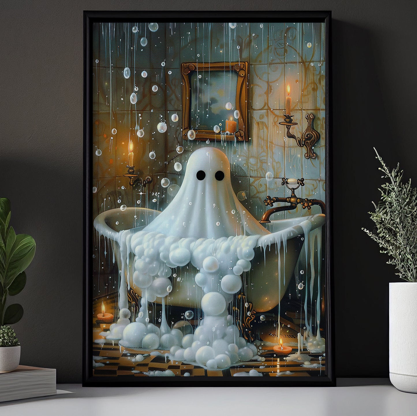 Ghostly Glow And Soapy Spectres, Ghost Canvas Painting, Spooky Season Wall Art Decor, Halloween Poster Gift For Ghost Lovers