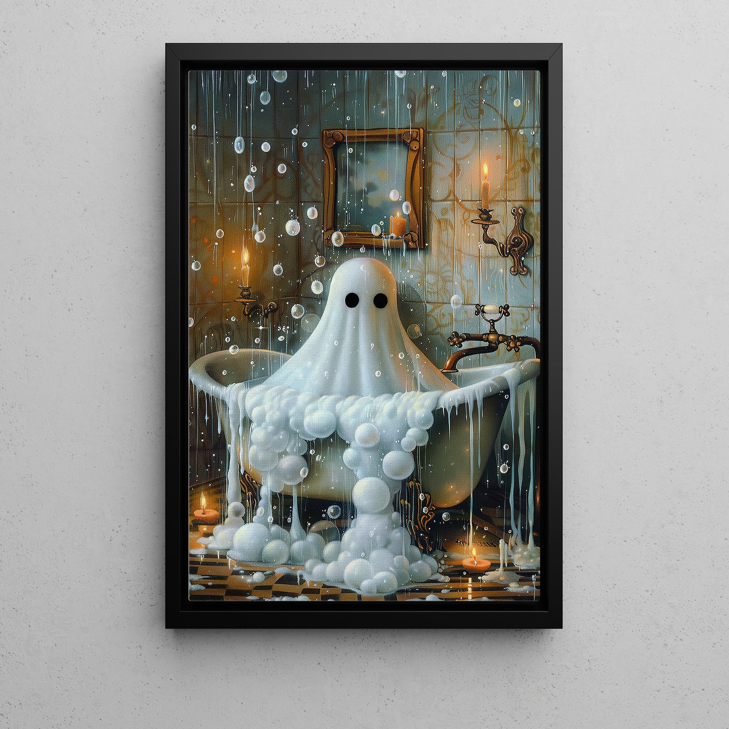 Ghostly Glow And Soapy Spectres, Ghost Canvas Painting, Spooky Season Wall Art Decor, Halloween Poster Gift For Ghost Lovers