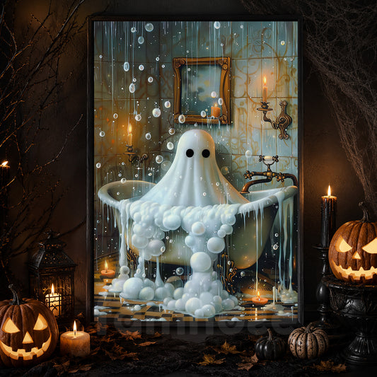 Ghostly Glow And Soapy Spectres, Ghost Canvas Painting, Spooky Season Wall Art Decor, Halloween Poster Gift For Ghost Lovers
