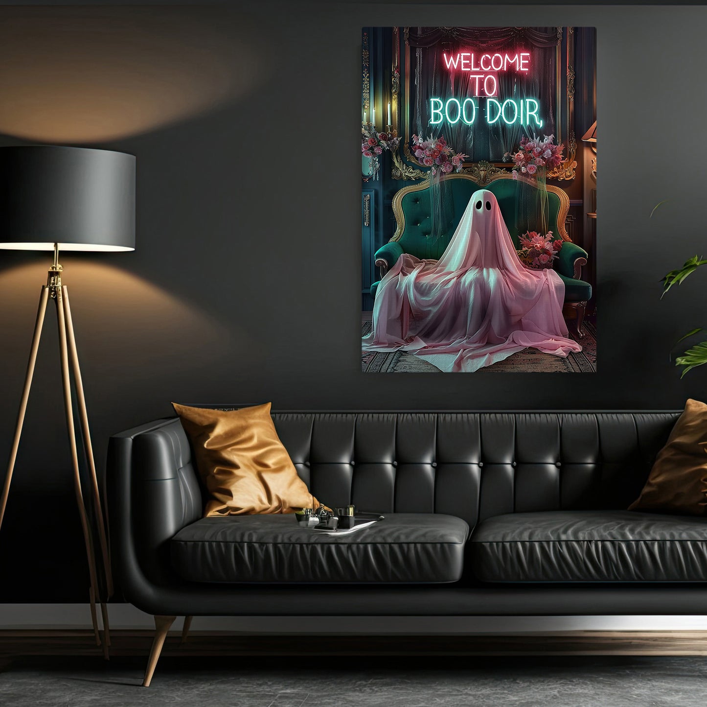 Welcome To Boo Doir, Ghost Canvas Painting, Spooky Season Wall Art Decor, Halloween Poster Gift For Ghost Lovers