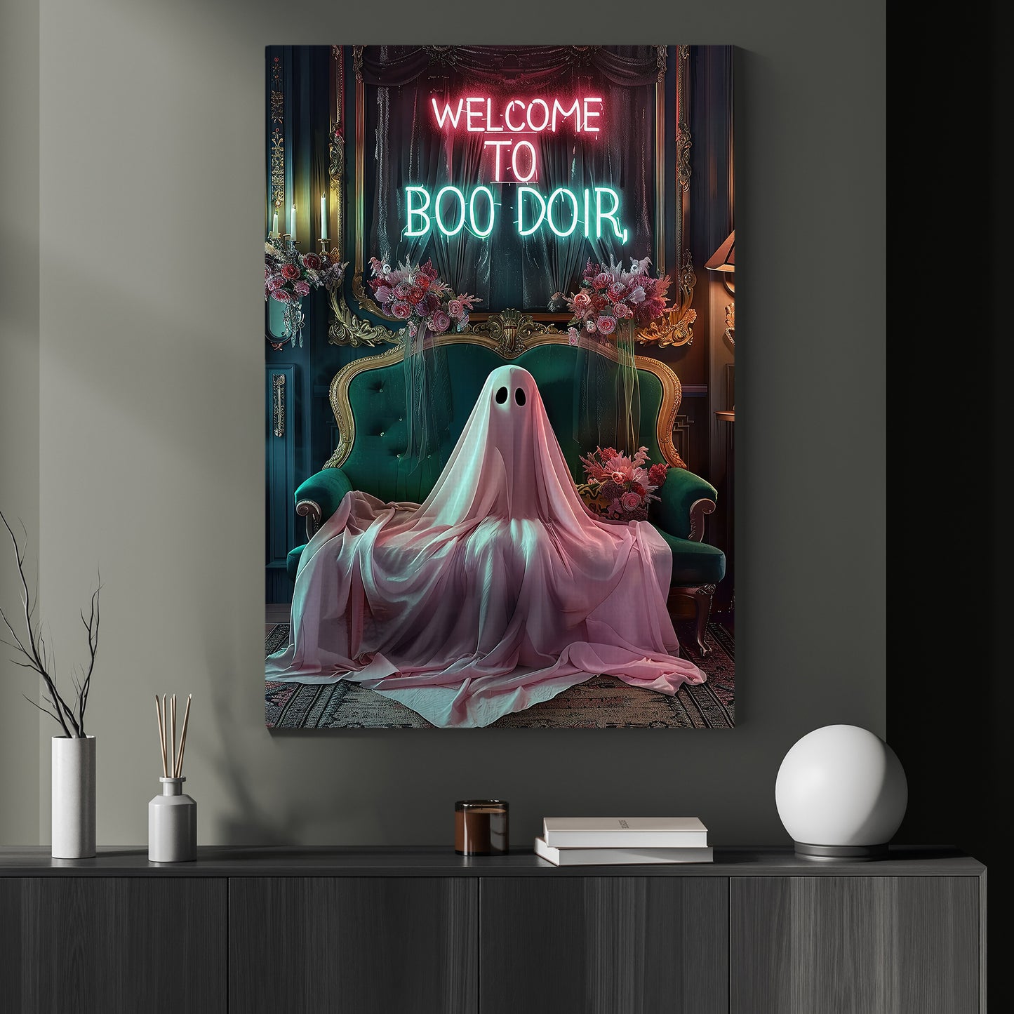 Welcome To Boo Doir, Ghost Canvas Painting, Spooky Season Wall Art Decor, Halloween Poster Gift For Ghost Lovers