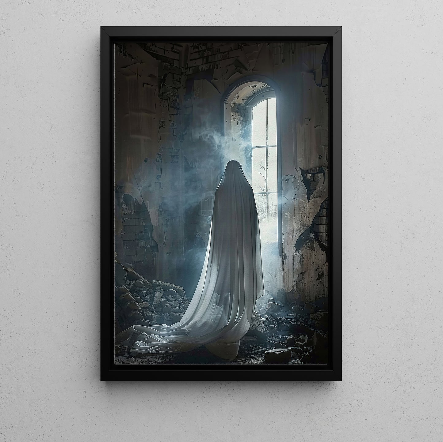 Waiting At The Window, Ghost Canvas Painting, Spooky Season Wall Art Decor, Halloween Poster Gift For Ghost Lovers